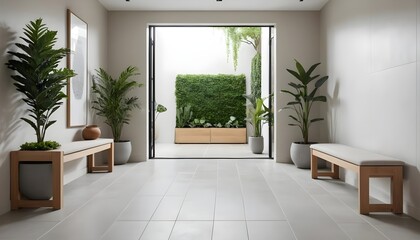 Fototapeta premium Modern Minimalist Entryway with Indoor Courtyard and Greenery