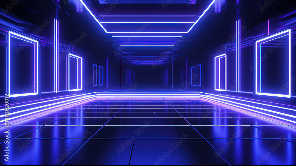 Poster ultraviolet spectrum neon lines in empty virtual room with panoramic view