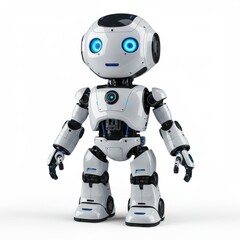 Cute futuristic robot standing upright on white background