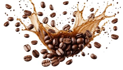 Coffee Beans Splashing in Coffee Liquid