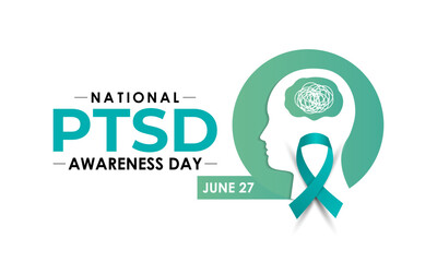 National PTSD Awareness Day is June 27. Health awareness vector. Realistic ribbon, Human and brain icon. Educate the public about post-traumatic stress disorder. Banner and background design template.