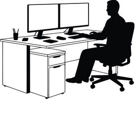 Black and white silhouette of a person seated at a modern office desk, working on dual monitors with various electronic devices