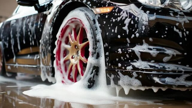 A detailed washing process is taking place at an auto spa. The car features striking red rims as foam covers its glossy black exterior, showcasing meticulous care and attention to detail