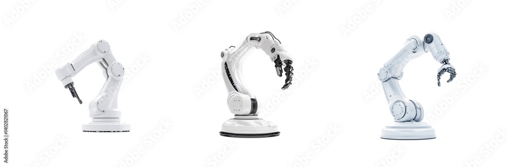 Poster three robotic arms in different positions show mechanical precision and technology