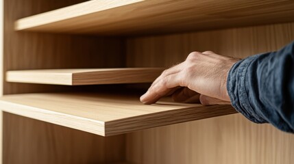 Carpenter assembling a wooden shelf. Featuring precision and craftsmanship