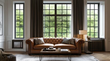 Beautiful living room showcases a brown leather chesterfield sofa