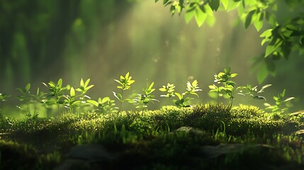 Peaceful scene of new growth as seedlings bask in gentle morning light