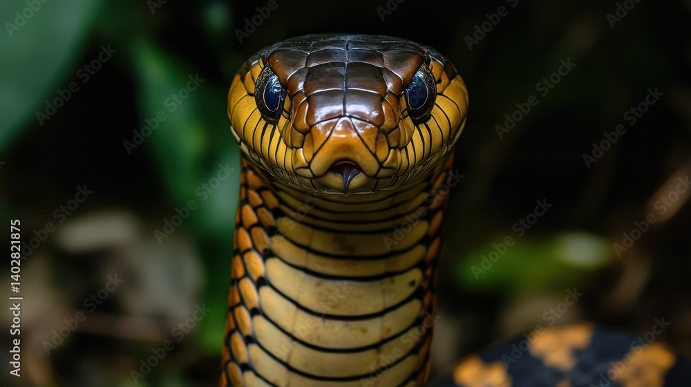 Poster close-up of a venomous snake's head with intricate patterns.