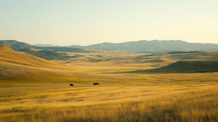 Obraz premium Two grazing animals standing in a vast open grassy field