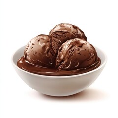 A rich creamy bowl of chocolate ice cream with smooth texture and cocoa flecks, isolated white background, hyperrealism art style