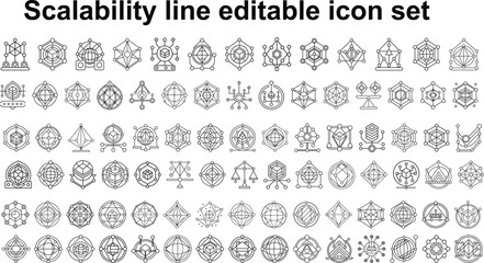 Scalability line editable icon set. Containing expansion, scalable resize, growth, performance, capacity, adaptability, efficiency, and more. vector illustration 