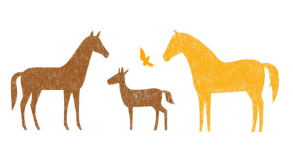 Two horses, one brown and one yellow, stand beside a smaller horse while a bird flutters above them, conveying a peaceful and harmonious atmosphere in a whimsical artistic style