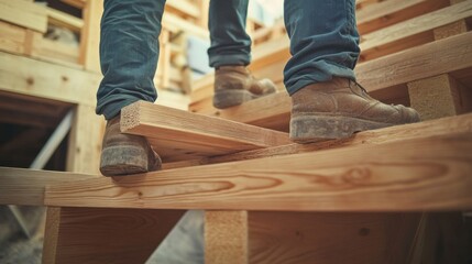 Carpenter building a wooden staircase. Featuring craftsmanship and interior design