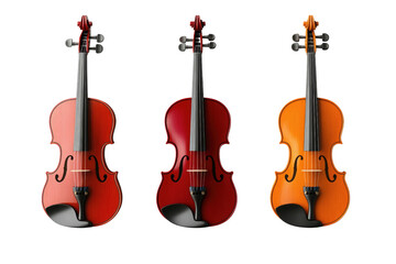 Fototapeta premium Three distinct violins arranged side by side highlight their vibrant colors and unique finishes. The instruments feature varying shades of red and orange, emphasizing craftsmanship