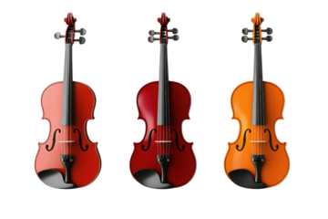 Three distinct violins arranged side by side highlight their vibrant colors and unique finishes. The instruments feature varying shades of red and orange, emphasizing craftsmanship