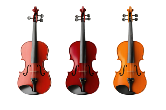Three distinct violins arranged side by side highlight their vibrant colors and unique finishes. The instruments feature varying shades of red and orange, emphasizing craftsmanship