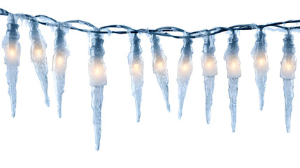 Icicle-style holiday string lights, realistic icy texture and glow, isolated on white