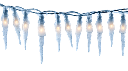 Icicle-style holiday string lights, realistic icy texture and glow, isolated on white