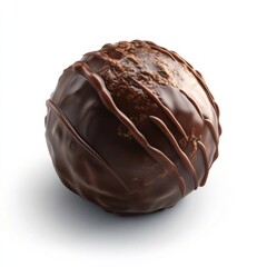 A rich dark chocolate truffle with a glossy finish and creamy center, isolated white background, hyperrealism art style