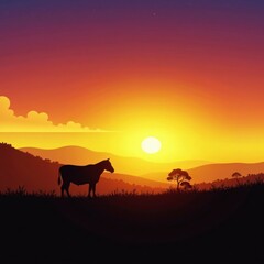 Farm animal silhouette in front of sunset with hills and trees, landscape,