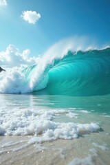 Turquoise ocean waves crashing against the shore with foamy crest , sea, ocean, waves