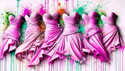 Six pink dresses with ruched designs are displayed in a row, splashed with vibrant paint splatters and drips on a white background, creating a dynamic artistic effect.