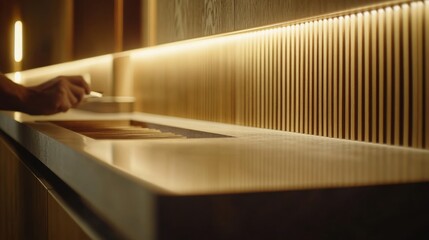 Carpenter cutting wood for a new cabinet. Featuring woodworking skills and customization