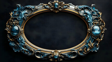 An ornate, oval mirror frame with detailed, teal-blue, and gold carvings.