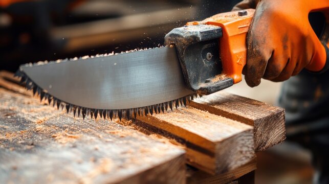 Carpenter cutting wood with a saw. Featuring fine woodworking and craftsmanship