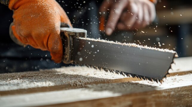 Carpenter cutting wood with a saw. Featuring fine woodworking and craftsmanship