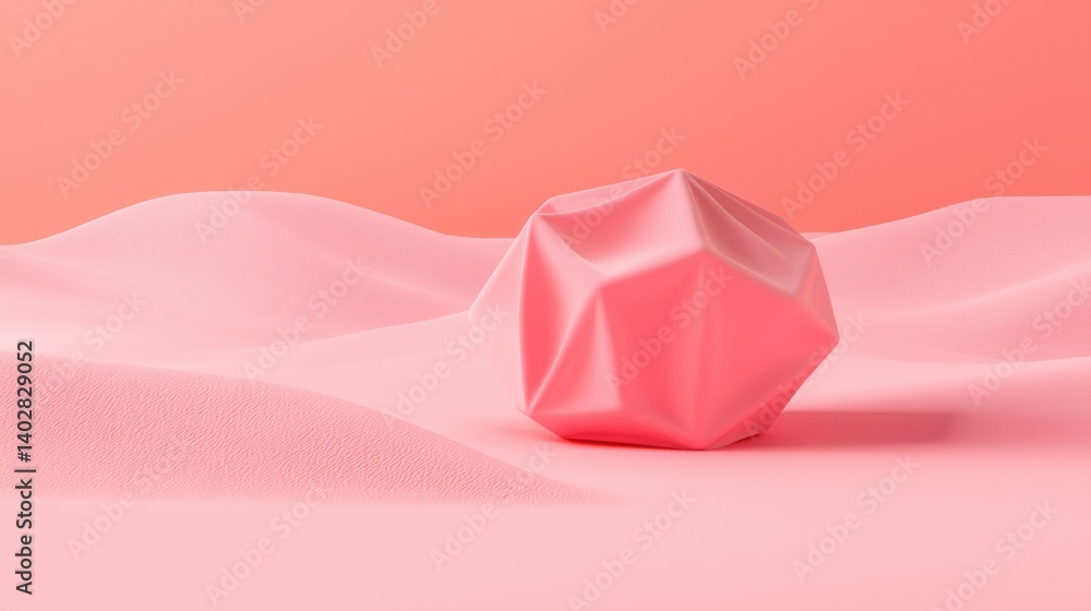Poster a 3d rendering of a pink, faceted cube resting on a soft, pink surface.