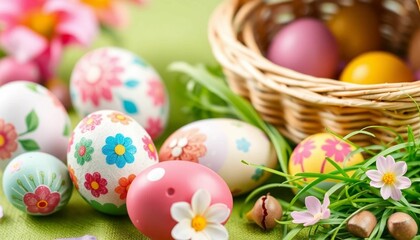 Colorful vertical painted Easter eggs and playful bunny ears on a vibrant green background creating a festive spring composition