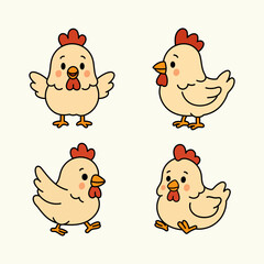 Cute chicken vector set in various funny cartoon poses