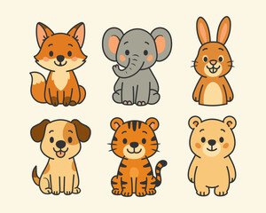 Cute animal vector set with six adorable cartoon characters. fox, elephant, rabbit, dog, tiger, bear.