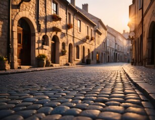 Fototapeta premium Cobblestone Street at Sunset in Old European Town
