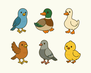 Cute bird vector set featuring six colorful cartoon birds. duck, chick, pigeon, sparrow, bluebird, mallard.