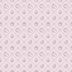 Seamless pattern with Easter objects on a pink background. Happy Easter. Easter background with eggs, birds, rabbits and butterflies. Design elements for Easter greeting card. Vector illustration.