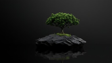 A mysterious floating tree on a small island surrounded by endless black