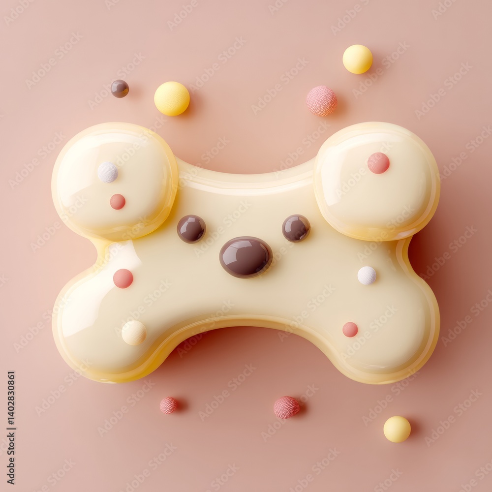 Poster cute 3d puppy bone icon with soft textured design and colorful dots