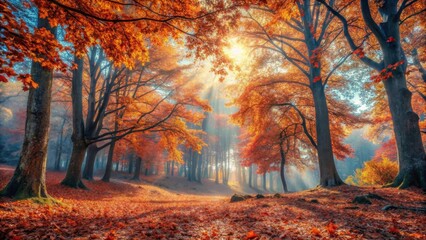 Fototapeta premium Sunbeams Illuminate Autumnal Woodland Path, Golden Leaves Carpet the Forest Floor, Majestic Trees in Vibrant Hues