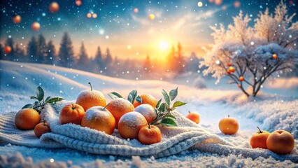Winter Citrus Delight Snow-Covered Oranges Resting on a Cozy Knit Blanket in a Frosty Landscape at Sunset