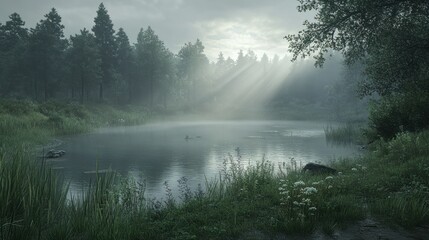 Fototapeta premium A foggy lake scene with tall trees and beautiful sunbeams