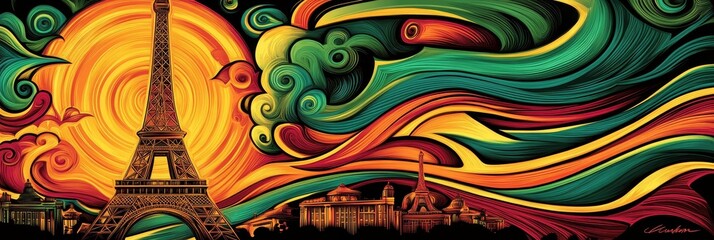 Tower with colorful abstract background and city silhouette at the base.