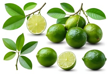 Fresh Limes with Leaves Isolated on White Background