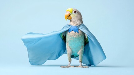 Parrot superhero with flowing blue cape on light blue background 