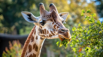 Obraz premium A giraffe with spotted fur, eating leaves from a tree.