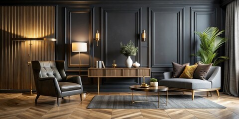 Fototapeta premium Sophisticated Living Room Interior Design with Dark Walls, Gold Accents, and Modern Furniture