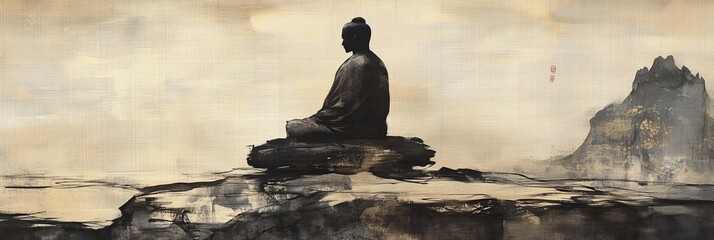 Buddha statue in meditation pose on rocks with mountain backdrop in neutral tones.