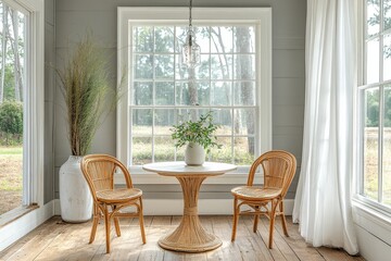 Obraz premium Small dining room with bistro chairs, wood floors, light gray walls, round table, chandelier, greenery vase, and windows with white curtains.
