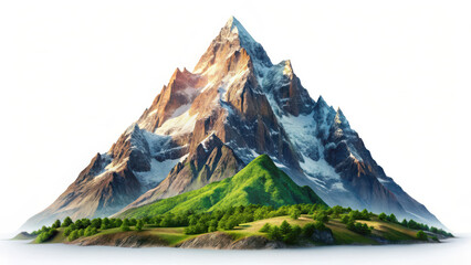 Stunning snow-covered mountain peak towering above smaller surrounding peaks, with lush green forest covering the base. A harmonious blend of alpine and forest landscapes.